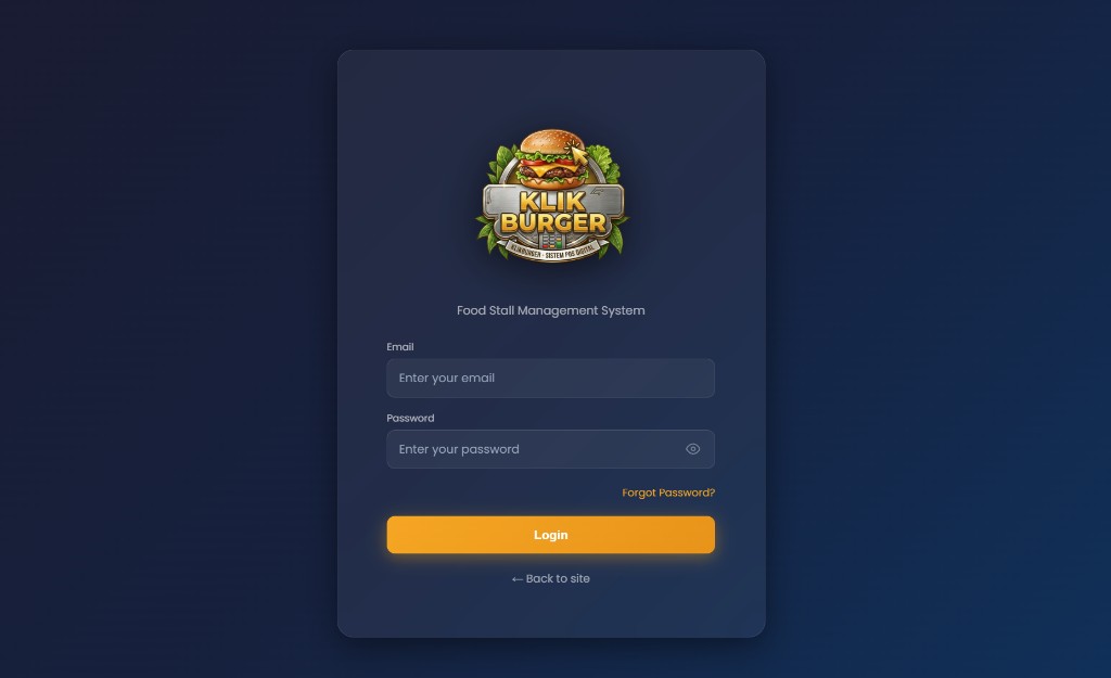 Klik Burger POS login screen